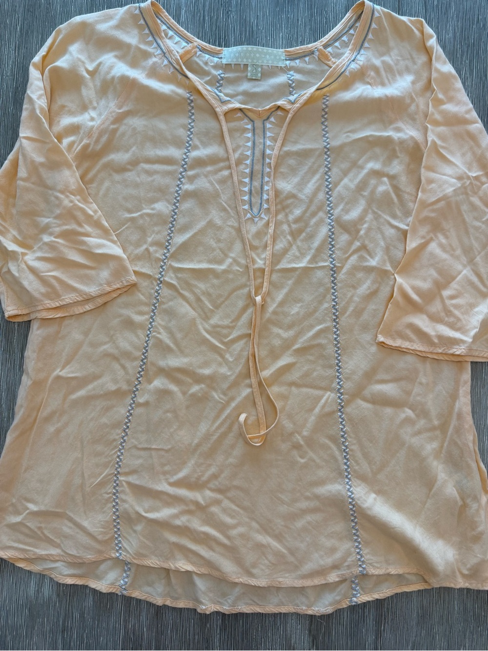Peach Embroidered Tie-Front Boho Tunic Rayon Peasant Blouse size small
